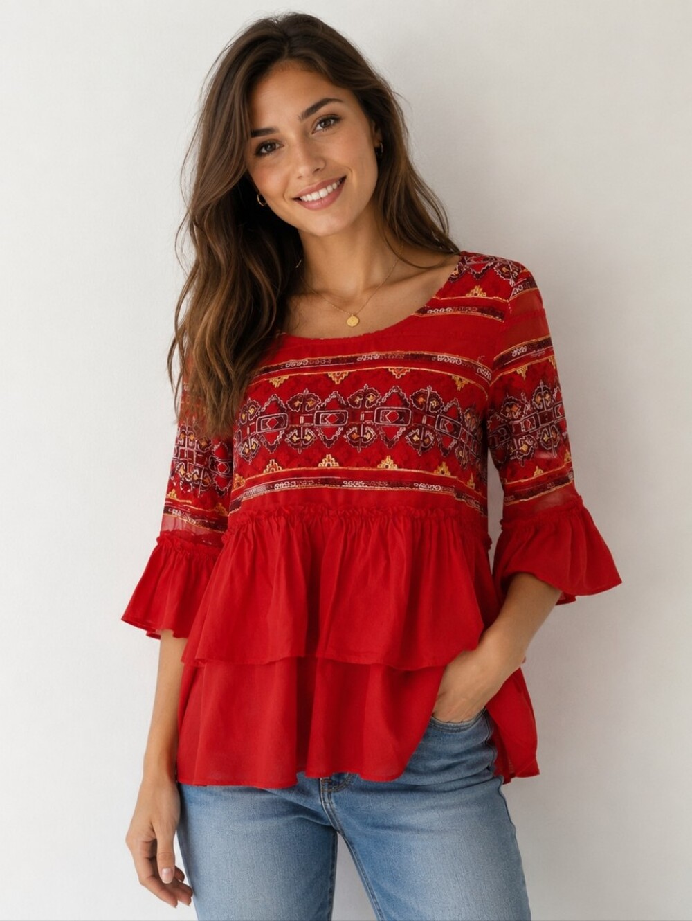 🦜 2/$10 V Cristina Red Embroidered Ruffle Blouse. Medium.